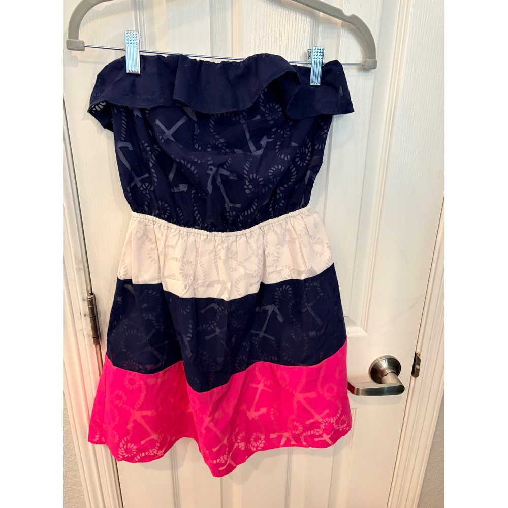 Lilly Pulitzer Strapless Dress Navy Pink Anchor Burnout Nautical Summer Mini